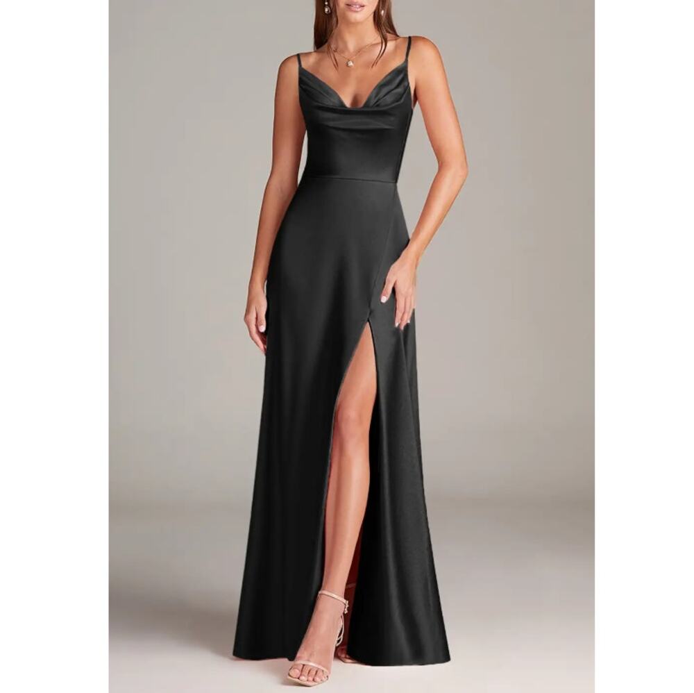 Azazie Sarella A-Line with Pockets Metallic Satin Dress Black Size A6